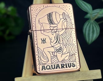 Aquarius Zodiac Star Sign Custom Engraved Lighter || Personalised Lighter Gift for Him And Her || Brass Flip Lighter Vintage Design