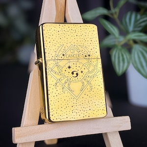 Cancer Zodiac Star Sign Custom Engraved Lighter || Personalised Lighter Gift for Him And Her || Brass Flip Lighter Vintage Design