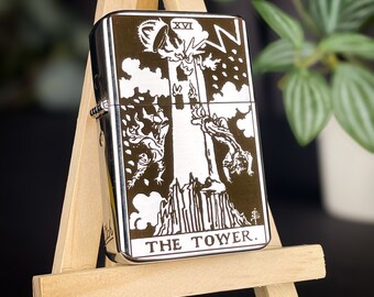 The Tower Tarot Card Custom Engraved Lighter || Personalised Lighter Gift for Him & Her || Brass Flip Lighter Vintage Design || Tarot Gift
