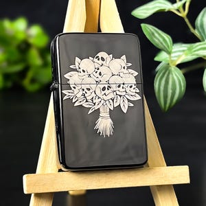 Skull Roses Bunch Custom Engraved Lighter || Personalised Lighter Gift for Him And Her || Brass Flip Lighter Vintage Skeleton Lighter