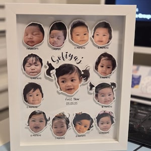 Puede incluir: Un collage fotográfico enmarcado en blanco que muestra el primer año de un bebé. El collage incluye 12 fotos circulares del bebé a diferentes edades, desde recién nacido hasta 10 meses. También se muestra el nombre "Sofiyaj" y la fecha "05.05.25".