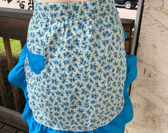Vintage  Half Apron With Blue Flowers and Blue Ruffles