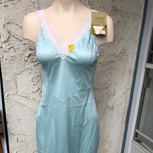 May include: A light blue slip with white lace trim. The slip has a V-neckline and is made of a silky fabric. The tag reads "Stay-down slip, Kayser Lingerie, Can't ride up, We guarantee it!"