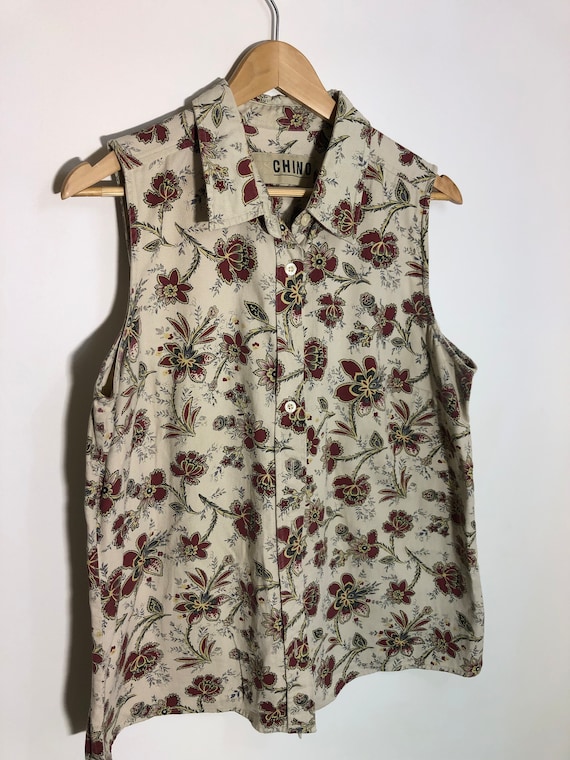 PS Chino Beige Denim Floral Sleeveless Blouse - image 1