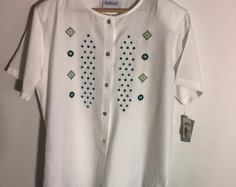 Bellessa Off White  Embroidered Short Sleeve Button Up Blouse NWT