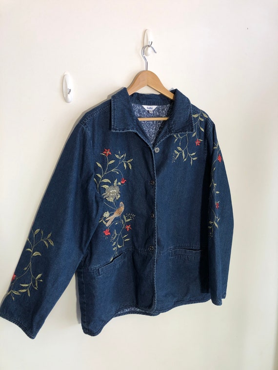 Vintage Sears  Tabi Floral Bird Embroidered Denim… - image 1