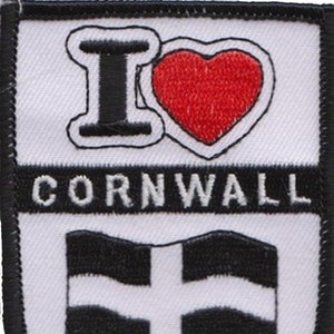 May include: White patch with black border, featuring the text "I love Cornwall" with a red heart and a black and white flag of Cornwall.