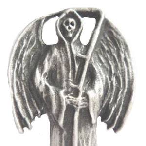 May include: A silver-toned metal pendant featuring a detailed depiction of the Grim Reaper with a scythe and wings.