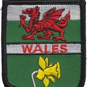 Può includere: Una toppa ricamata verde e bianca con un drago rosso e la parola "WALES" in rosso. Un narciso giallo è ricamato nella parte inferiore della toppa.