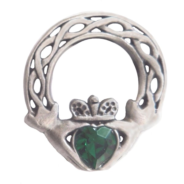 Claddagh Ring Irland Zinn Brosche mit grünen Stein - Hand Made in Großbritannien