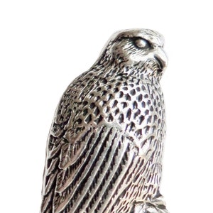 May include: A silver metal pin of a falcon with detailed feathers and a textured surface.