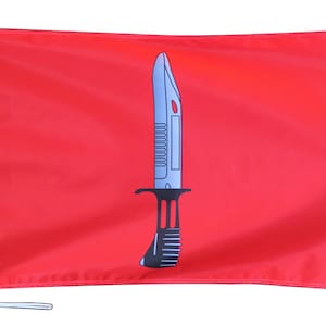 May include: A red flag with a white border and a stylised silver knife with a black handle in the centre.