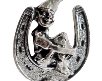 Cornish Pixie Piskey on Horseshoe Pewter Pin Badge - Hand Made in Cornwall
