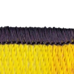 May include: Close-up of a yellow and black fabric with a black stitched border. The fabric has a textured, woven appearance.