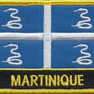 May include: A blue and white flag with a yellow border and the word "MARTINIQUE" printed in yellow on a black background. The flag features three white snakes on each of the four blue sections.