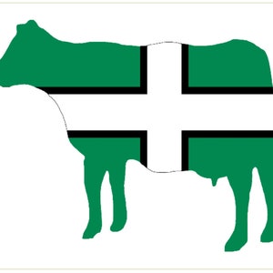 Peut inclure: Un drapeau blanc avec une silhouette de vache verte. La forme de la vache contient une croix blanche avec des bordures noires, sur un fond vert. Le drapeau a un œillet pour l'accrocher.