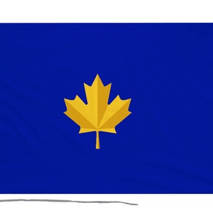 Könnte beinhalten: Eine blaue Flagge mit einem goldenen Ahornblatt in der Mitte.