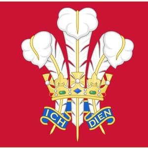 May include: A red flag displaying the Prince of Wales's feathers, a gold crown, and the motto "Ich Dien" in blue. The design includes white feathers and a gold crown with blue and green accents.