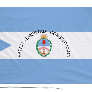 May include: A light blue flag with a white stripe and a white circle in the center. The circle contains a green wreath with a red torch and a sun with rays. The text "PATRIA - LIBERTAD - CONSTITUCION" is written around the circle.