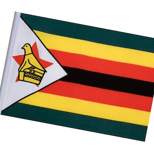 Könnte beinhalten: Kleine Flagge von Simbabwe. Sie hat einen grünen Rand, horizontale Streifen in Gelb, Rot, Schwarz und Rot sowie ein weißes Dreieck mit einem Vogel- und Stern-Emblem.