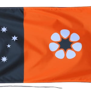 May include: A flag with a black field on the left side featuring five white seven-pointed stars and an orange field on the right side featuring a white seven-pointed star surrounded by seven white petals.