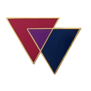 May include: A pin featuring a layered triangle design. The top triangle is red, the middle triangle is purple, and the bottom triangle is blue. The triangles are outlined in gold.