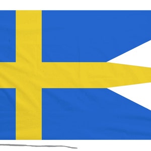 May include: A blue and yellow flag with a cross design. The flag has a blue background with a yellow cross extending to the edges. The flag is a pennant shape with a white hoist.