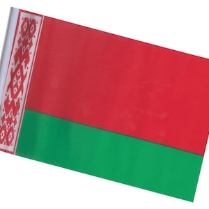 May include: A rectangular flag with a red upper section and a green lower section. A white vertical stripe on the left side features a red and white ornamental pattern. The flag is slightly angled against a white background.