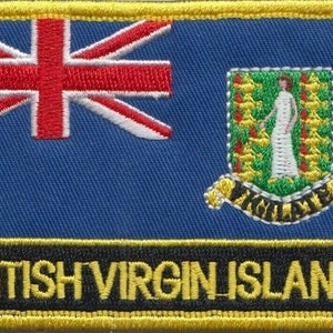 May include: Embroidered patch featuring the flag of the British Virgin Islands. The patch is blue with a red, white, and blue Union Jack in the top left corner and the coat of arms of the British Virgin Islands in the top right corner. The patch has a yellow border and the words "BRITISH VIRGIN ISLANDS" in black letters on a yellow background.