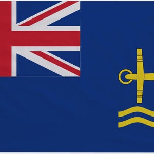 Peut inclure: Drapeau bleu avec l'Union Jack dans le coin supérieur gauche. Le côté droit présente une ancre jaune au-dessus de lignes ondulées jaunes. Il s'agit probablement d'un pavillon maritime ou naval.