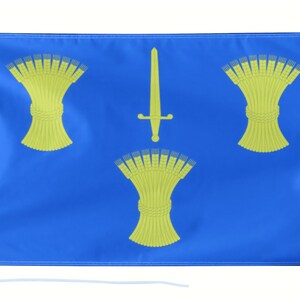 May include: A blue flag with three yellow sheaves of wheat and a yellow sword in the centre.