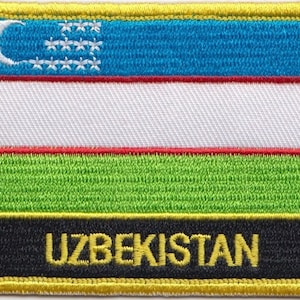 May include: Embroidered patch with the flag of Uzbekistan. The flag features a blue field with a white crescent moon and 12 white stars, a white stripe, a green stripe, and a black stripe with the word "UZBEKISTAN" in yellow lettering.