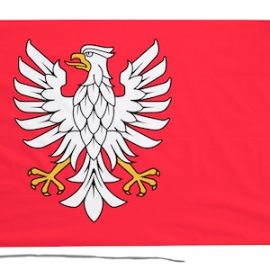 Puede incluir: Una bandera roja con un águila blanca con garras y pico amarillos. El águila está centrada en la bandera y tiene un patrón escamoso en su cuerpo.