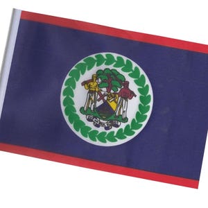 Può includere: Una piccola bandiera del Belize, con sfondo blu e strisce rosse in alto e in basso. La bandiera mostra lo stemma del Belize all'interno di un cerchio bianco, circondato da una ghirlanda verde.