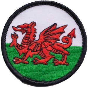 Puede incluir: Un dragón rojo con contornos negros y alas blancas sobre una bandera blanca, roja y verde. La bandera está bordada en un parche redondo con un borde negro.