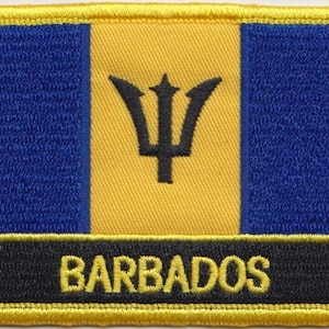 May include: An embroidered patch in yellow, blue and black with the word "BARBADOS" in black lettering. The patch features the national flag of Barbados, which includes a black trident on a yellow field.