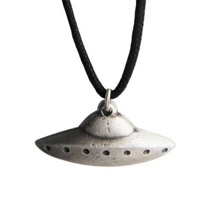 UFO Flying Saucer Pewter & Red Enamel Pendant - Hand Made in The United Kingdom