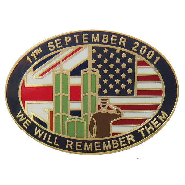 9/11 Twin Towers UK & USA We Will Remember Them Pin Badge