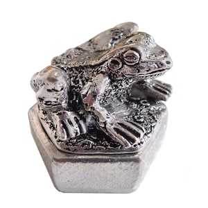 Może przedstawiać: Srebrna figurka żaby z detaliczną, fakturowaną powierzchnią, siedząca na sześciokątnym pudełku. Żaba ma zamknięte usta i zamknięte oczy.