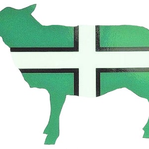 Könnte beinhalten: Eine grüne Schafsilhouette mit einem weißen Kreuz und schwarzen Streifen auf dem Körper. Das Schaf ist ein Symbol der englischen Grafschaft Hampshire.