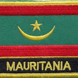 May include: A green, red, and black embroidered patch with a gold crescent moon and star. The text "MAURITANIA" is embroidered in gold on a black background.