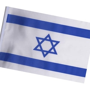 Könnte beinhalten: Kleine israelische Flagge mit weißem Hintergrund, zwei horizontalen blauen Streifen und einem blauen Davidstern. Die Flagge ist an einem weißen Kunststoffstab befestigt.
