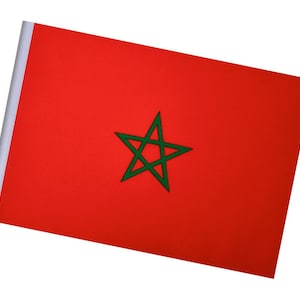 May include: A red flag with a green, five-pointed star in the center. The flag has a white spine on the left side. The flag represents the country of Morocco.