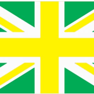 May include: A flag with a Union Jack design, but with yellow and green stripes instead of red and blue. The flag is white with a yellow cross in the center, and green and yellow stripes radiating out from the center.