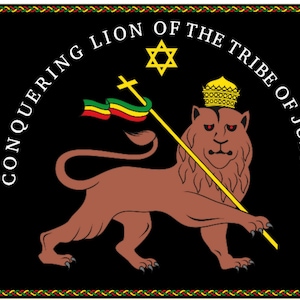 May include: A black flag with a gold border and a yellow six-pointed star in each corner. In the center is a brown lion with a gold crown and a gold spear. The lion is standing on a black background with the words "CONQUERING LION OF THE TRIBE OF JUDAH" in white.