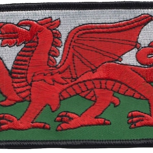 Puede incluir: Un dragón rojo con contornos negros y alas blancas sobre una bandera blanca, verde y blanca. El dragón está mirando hacia la izquierda y tiene una cola larga.