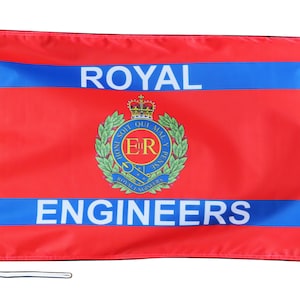 May include: A red flag with two blue stripes and the words "ROYAL ENGINEERS" in white. The flag also features a crest with a crown, the letters "E.R." and the words "HONI SOIT QUI MAL Y PENSE" in a circle.