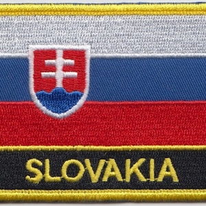 May include: Embroidered patch featuring the Slovakian flag with the country's coat of arms and the word "SLOVAKIA" in yellow lettering on a black background.