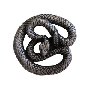 May include: A silver-toned metal snake coiled in a circle, with a detailed, textured surface.