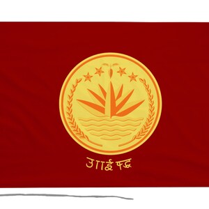 May include: A red flag with a yellow circle in the center. The circle contains a stylized image of a plant with five stars above it. The text "गाईघाट" is written in yellow below the circle.